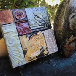 Sale Abstract Metal Collages Ooak Folk Art Ceramic Glaze Modern Rustic Collage Primitive Moroccan Tribal Ceiling Tin Southwest F.l.wright - thumbnail 3