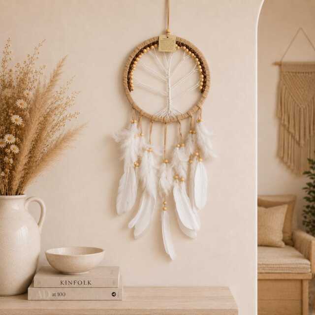 Tree Of Life Dream Catcher - Beige Boho Wall Hanging, 9 Inch - image 1