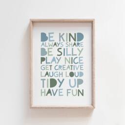 Playroom Prints, Boys Blue Nursery Be Kind Print, Wall Art, Bedroom Art - thumbnail 1