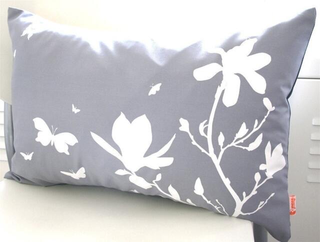 Magnolia & Butterfly Pillow Slate Gray Cotton, Navy Back - 12x18 - image 1