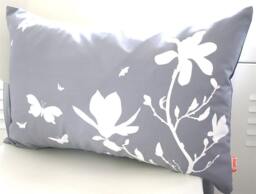 Magnolia & Butterfly Pillow Slate Gray Cotton, Navy Back - 12x18