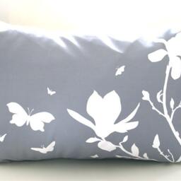 Magnolia & Butterfly Pillow Slate Gray Cotton, Navy Back - 12x18 - thumbnail 2