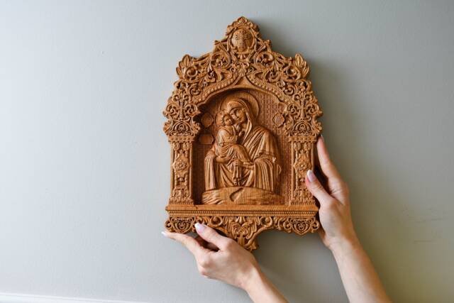 Carved Oak Virgin Mary Icon Personalized Christian Wall Decor, Xs-Xxl, Tax Free - image 1