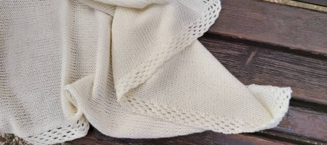 Handmade Pure Cotton Knit Baby Blanket, Ivory, Crochet Border - image 1