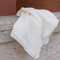 Handmade Pure Cotton Knit Baby Blanket, Ivory, Crochet Border - thumbnail 3