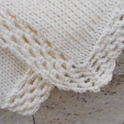 Handmade Pure Cotton Knit Baby Blanket, Ivory, Crochet Border - thumbnail 2