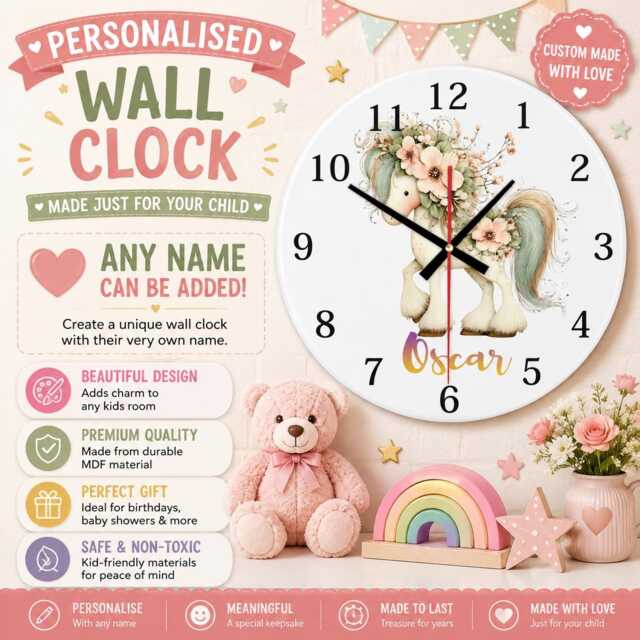 Personalised Pony Wall Clock, Floral Nursery Decor, Custom Name Kids Bedroom Clock - image 1