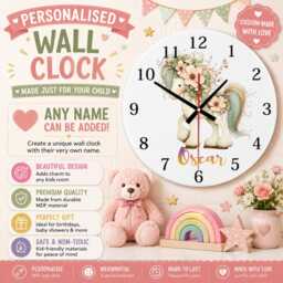 Personalised Pony Wall Clock, Floral Nursery Decor, Custom Name Kids Bedroom Clock - thumbnail 1