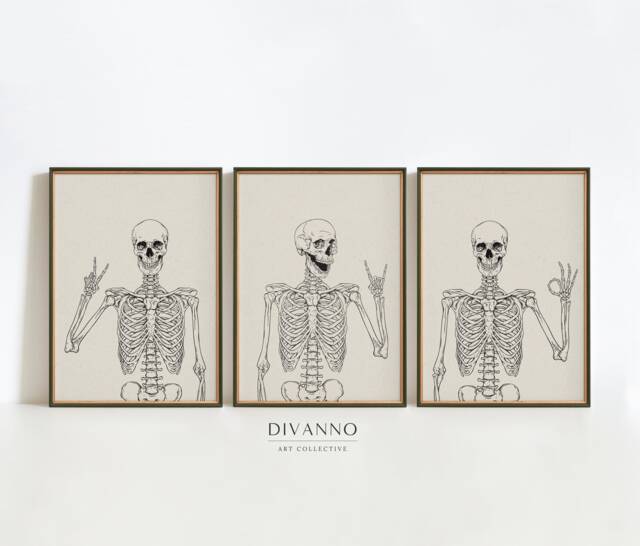 Set Of 3 Skeleton Prints, Halloween Party Neutral Wall Art, Happy Skulls Poster Gallery, Trendy Apartment Decor, Minimalist Canvas Gift - image 1
