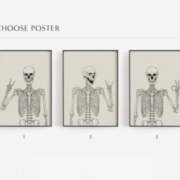 Set Of 3 Skeleton Prints, Halloween Party Neutral Wall Art, Happy Skulls Poster Gallery, Trendy Apartment Decor, Minimalist Canvas Gift - thumbnail 3
