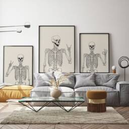 Set Of 3 Skeleton Prints, Halloween Party Neutral Wall Art, Happy Skulls Poster Gallery, Trendy Apartment Decor, Minimalist Canvas Gift - thumbnail 2