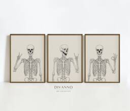 Set Of 3 Skeleton Prints, Halloween Party Neutral Wall Art, Happy Skulls Poster Gallery, Trendy Apartment Decor, Minimalist Canvas Gift - thumbnail 1