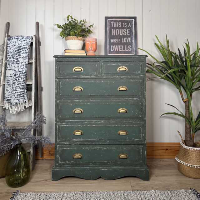 Dark Green Solid Pine Chest Of Drawers, Painted in Rustic Industrial Farmhouse Style - image 1