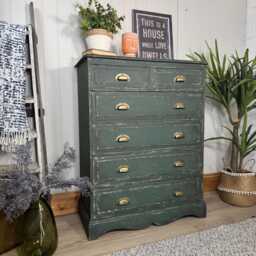 Dark Green Solid Pine Chest Of Drawers, Painted in Rustic Industrial Farmhouse Style - thumbnail 2