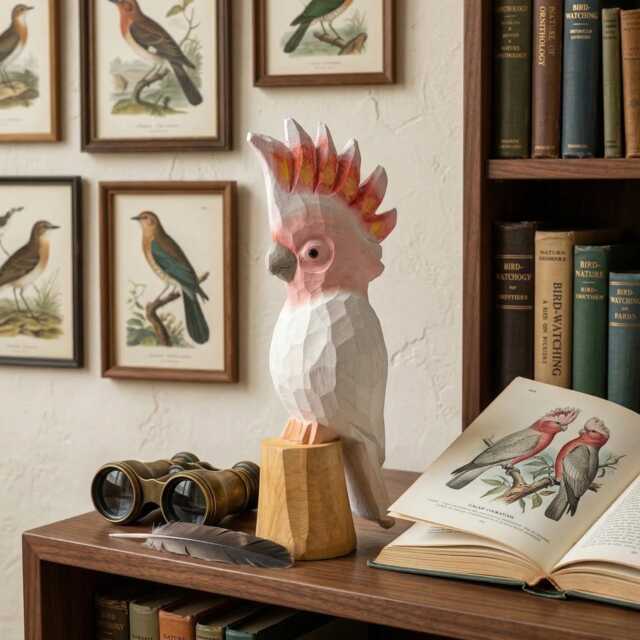 Hand-Carved Wooden Galah Cockatoo Figurine, Whimsical Pink Parrot Statue, Tropical Bird Lover Gift, Unique Nursery Decor - image 1