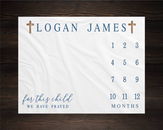 For This Child We Have Prayed Milestone Blanket, Month Growth Tracker, Baby Shower Gift, Baptism Newborn Cross, Church - image 1