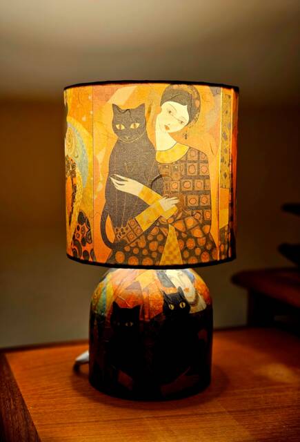 Klimt Style Lady With Black Cat Decoupage Table Lamp - image 1