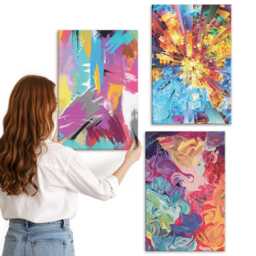 Canvas Wall Art Set Of 3 - Colorful Paint Abstractions With Dynamic Patterns, Multicolored Large, Abstract Hanging Piece - thumbnail 2