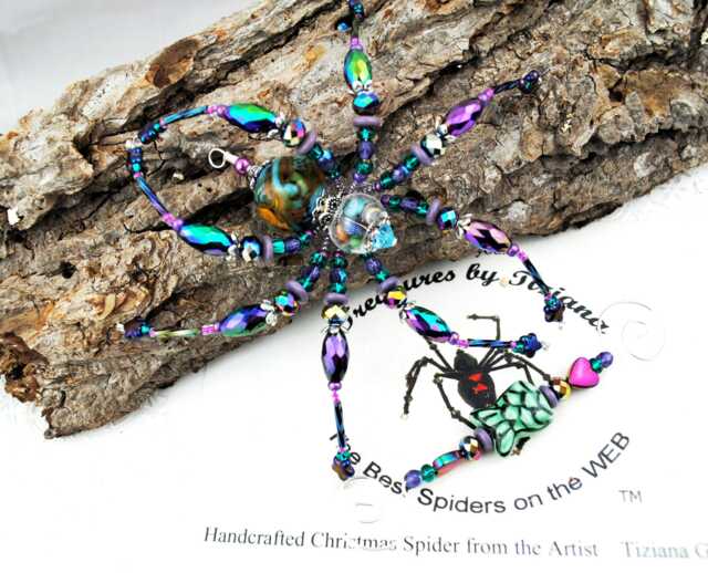 Mermaid Tail Christmas Spider Ornament Mood Bead & Seashells, German Tinsel Legend - image 1
