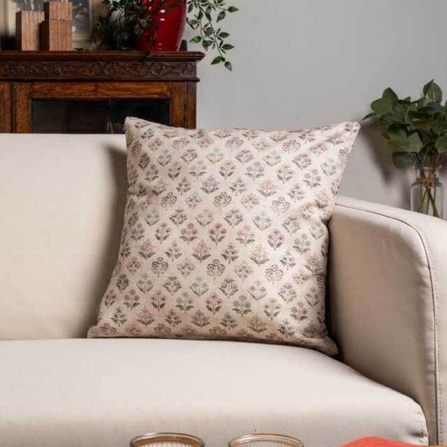 Vintage Meadow Cushion Cover in Natural Beige. 100% Cotton, Ditsy Small-Scale Floral Print. 17x17 - image 1