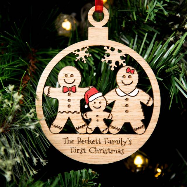 Families First Christmas Tree Decoration, Personalised Bauble, Wood Engraved Xmas Ornament, 1st - image 1
