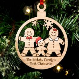 Families First Christmas Tree Decoration, Personalised Bauble, Wood Engraved Xmas Ornament, 1st - thumbnail 1