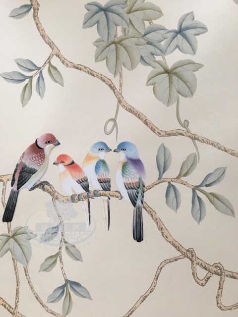 Chinoiserie Handpainted Birds & Vines With Partial Embroidery On Silk Sp-19 - image 1