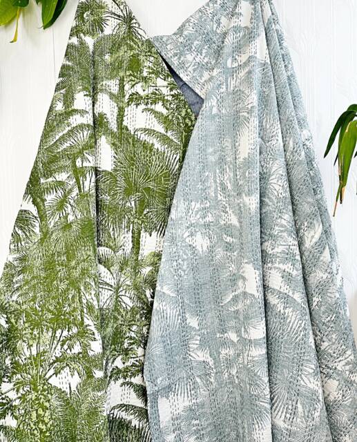 Kantha Stitch Pure Cotton Reversible Bed/Sofa Throw King Size - Handmade Handprinted Floral Dohar Deep Olive Green Tropical Forests Tree - image 1
