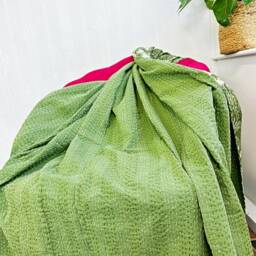 Kantha Stitch Pure Cotton Reversible Bed/Sofa Throw King Size - Handmade Handprinted Floral Dohar Deep Olive Green Tropical Forests Tree - thumbnail 4