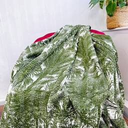 Kantha Stitch Pure Cotton Reversible Bed/Sofa Throw King Size - Handmade Handprinted Floral Dohar Deep Olive Green Tropical Forests Tree - thumbnail 2