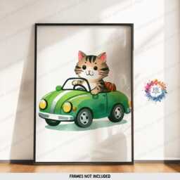 Green Cat Nursery Prints - Set Of 3 Posters - Vehicle Wall Art Car Poster Kid Cats Decor Transport Boys Bedroom Artwork - thumbnail 3