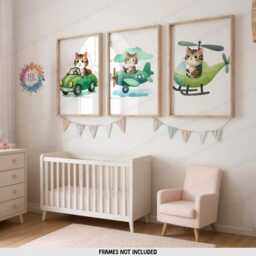 Green Cat Nursery Prints - Set Of 3 Posters - Vehicle Wall Art Car Poster Kid Cats Decor Transport Boys Bedroom Artwork - thumbnail 2