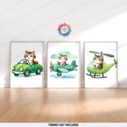 Green Cat Nursery Prints - Set Of 3 Posters - Vehicle Wall Art Car Poster Kid Cats Decor Transport Boys Bedroom Artwork - thumbnail 1