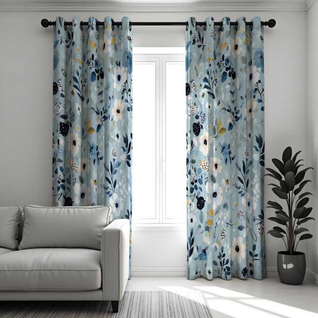 Blue Floral Curtains, Light Botanical Drapes With Navy & White Flowers, Custom Made Window Panels, Eyelet Or Rod Pocket Heading - image 1