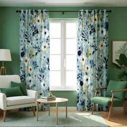 Blue Floral Curtains, Light Botanical Drapes With Navy & White Flowers, Custom Made Window Panels, Eyelet Or Rod Pocket Heading - thumbnail 4