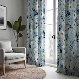 Blue Floral Curtains, Light Botanical Drapes With Navy & White Flowers, Custom Made Window Panels, Eyelet Or Rod Pocket Heading - thumbnail 2