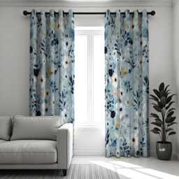 Blue Floral Curtains, Light Botanical Drapes With Navy & White Flowers, Custom Made Window Panels, Eyelet Or Rod Pocket Heading