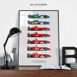 Michael Schumacher Championship Cars Poster Hand Drawn Ferrari Art Racing Car Wall Decor - thumbnail 1