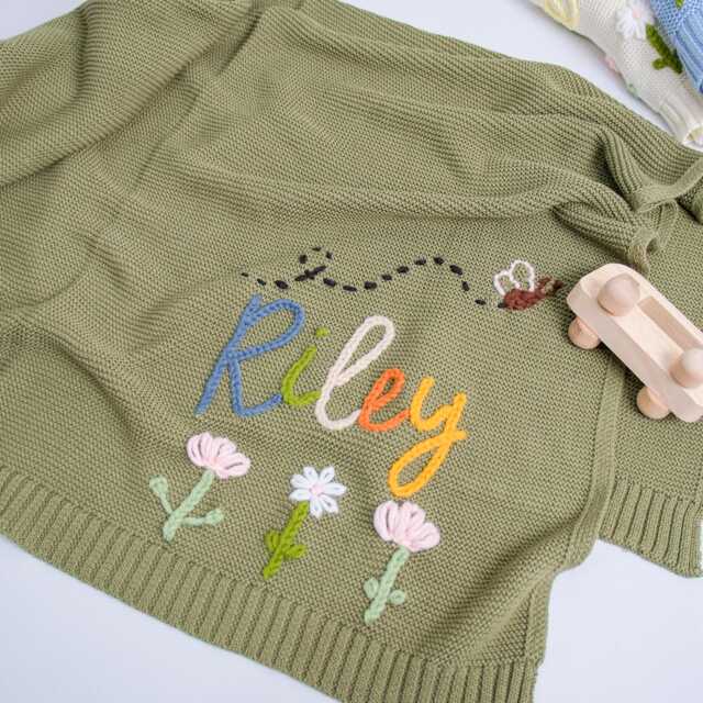 Custom Baby Knit Blanket, Personalized Name Embroidery, Soft Cotton Newborn Gift For Infant Boys Girls, Unique Shower Registry Present - image 1