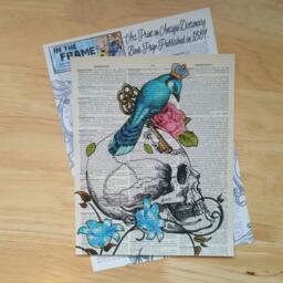 Blue Bird & Skull Art Print On Antique Dictionary Page - Vintage Book Gothic Decor Unique Upcycled Wall - thumbnail 2