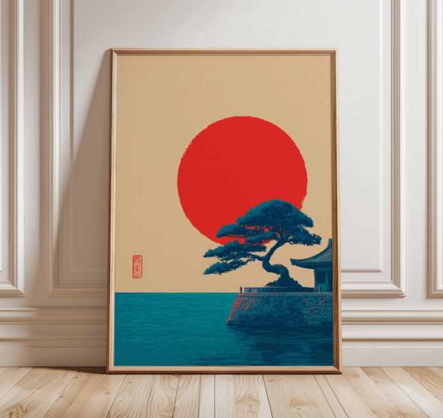 Japanese Sunset Poster, Minimalist Red Sun Wall Art, Zen Landscape Print With Tree & Ocean, Asian Inspired Decor For Home Meditation - image 1
