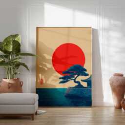 Japanese Sunset Poster, Minimalist Red Sun Wall Art, Zen Landscape Print With Tree & Ocean, Asian Inspired Decor For Home Meditation - thumbnail 3