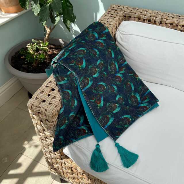 Luxury Blue Peacock Feather Velvet Throw Blanket in A 100% Cotton Velvet , 140x180cms - image 1