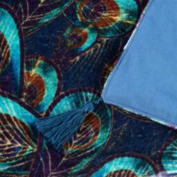 Luxury Blue Peacock Feather Velvet Throw Blanket in A 100% Cotton Velvet , 140x180cms - thumbnail 3