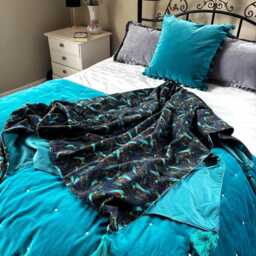 Luxury Blue Peacock Feather Velvet Throw Blanket in A 100% Cotton Velvet , 140x180cms - thumbnail 2