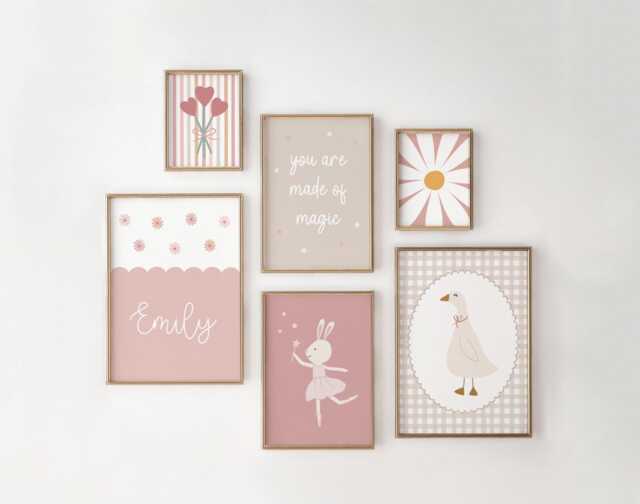Girls Room Prints, Set Of 6, Gallery Wall Personalised Art, Nursery Neutral Bedroom, Decor - image 1