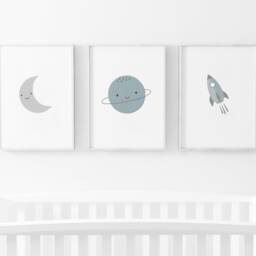 Space Prints - Set Of 3, Boys Bedroom Prints, Baby Boy Print, Neutral Nursery Playroom Planet, Moon Kids - thumbnail 2