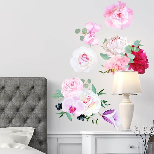 Peony Flowers Seasonal Bouquet Wall Sticker Rose Orchid Burgundy Red White Art #3030 - image 1