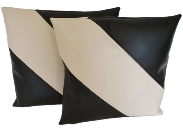 "2 Black & Cream Diagonal Stripe Faux Leather Cushions 16"" 18"" 20" - image 1