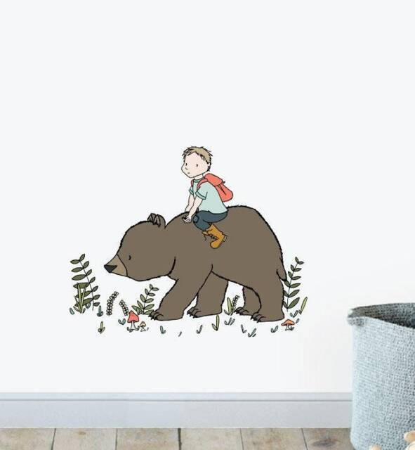 Boy Riding Bear in The Wild Wall Sticker Decal - Nursery Stickers, Animal Decals, Home Decor, Baby Room, Art, Girl